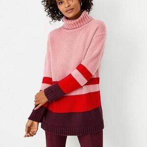Ann Taylor Turtle Neck Knit Sweater Size Medium Pink Red Color Block Wool Blend